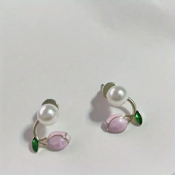 New - 14k Gold Plated Pink Tulip and Pearl Earring Cuffs - Picture 2 of 3